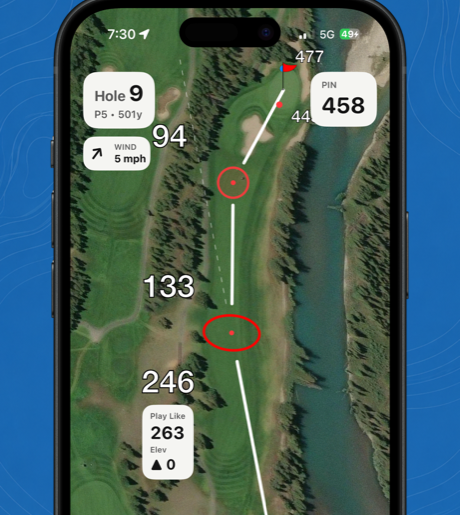 ForeFun Golf GPS screen showing wind, slope, and Play Like yardage